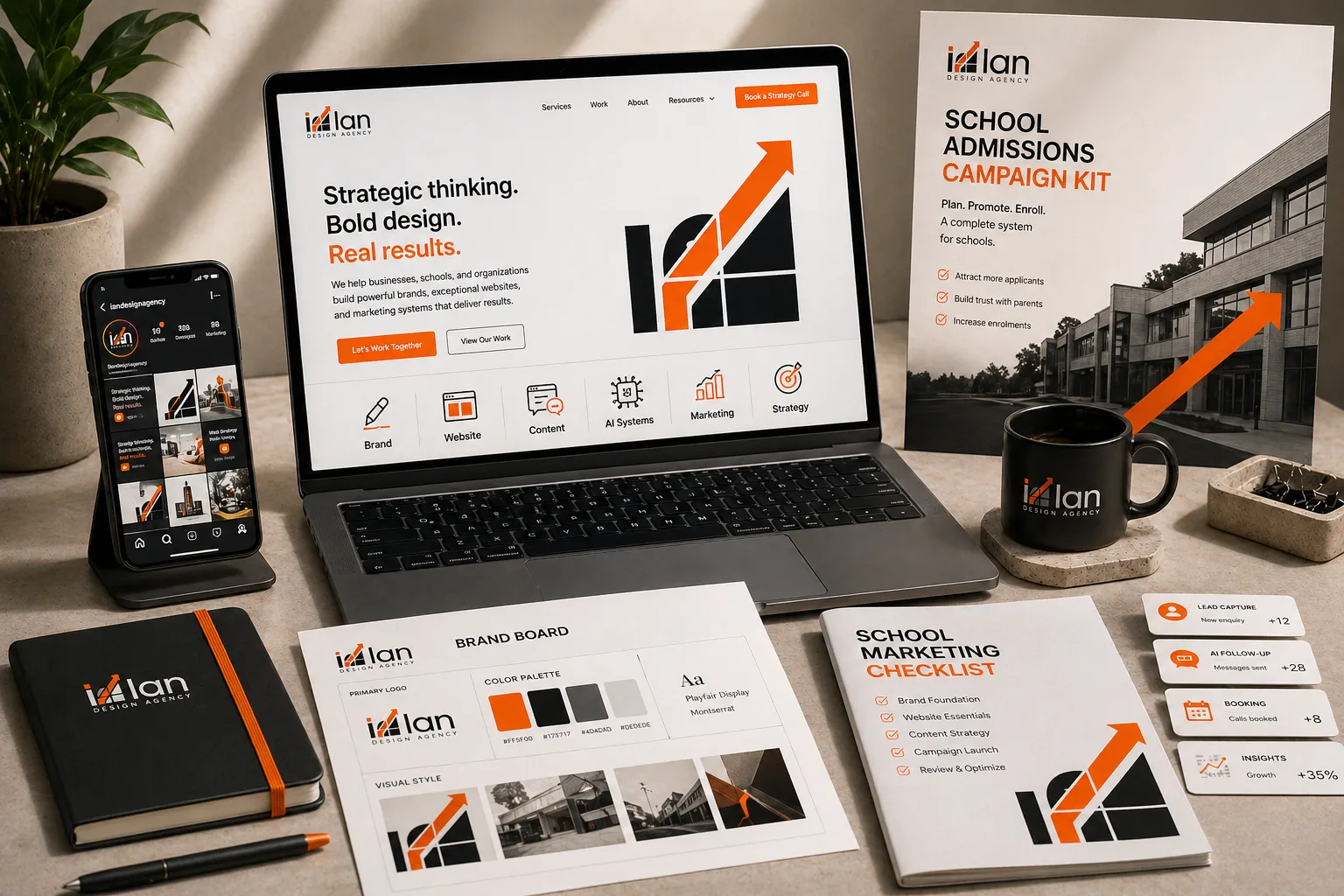 Homepage hero mockup showing website, brand board, school campaign poster, checklist, and workflow cards for Ian Design Agency